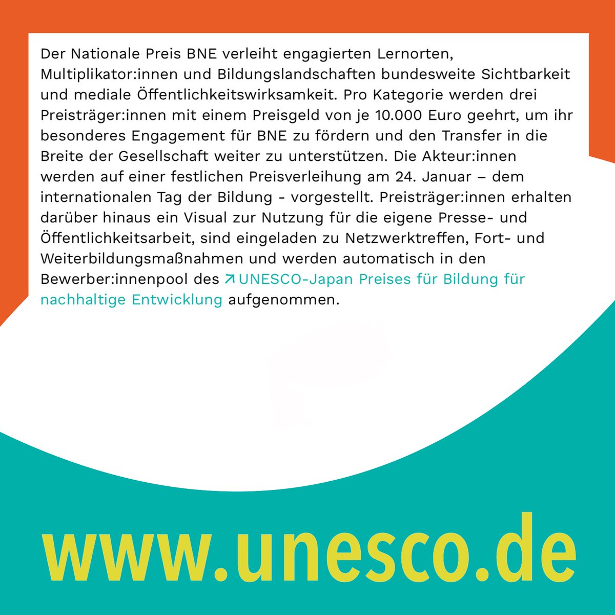 Eure #Schule ist ein #Vorbild für nachhaltiges #Handeln und hat dafür die richtige #Lernumgebung geschaffen? Dann bewerbt Euch für den #BNE-#Preis der #Unesco! Infos unter unesco.de

#wettbewerb #nachhaltigkeit #Sustainability #twlz #twitterlehrerzimmer #hamburg