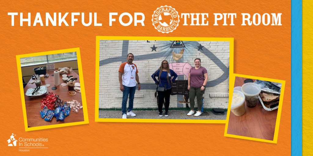 Communities In Schools of Houston (@cishouston) on Twitter photo CIS is FULL of THANKS for <a href="/ThePitRoomBBQ/">The Pit Room</a> for donating Thanksgiving meals (serving 10-15 people!) for our campuses to share with students and/or in appreciation for their campus staff members.
The Pit Room is such a great supporter of CIS! CIS is FULL of THANKS for <a href="/ThePitRoomBBQ/">The Pit Room</a> for donating Thanksgiving meals (serving 10-15 people!) for our campuses to share with students and/or in appreciation for their campus staff members.
The Pit Room is such a great supporter of CIS!