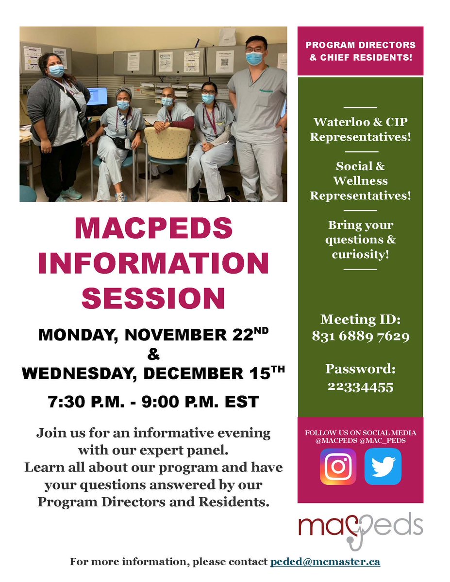 Applying to #CaRMS2022 for Pediatrics?  Come join us Monday evening (Nov 22nd 7:30pm EST) for an engaging info session about all that #MacPeds has to offer!
Zoom info in flyer below…