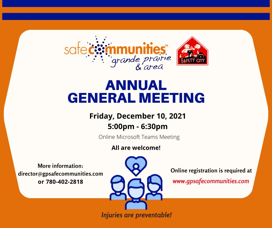 GPSafeCommunity's tweet image. Register to attend the Annual General Meeting for Grande Prairie and Area Safe Communities!  Registration is free and gives you access to the meeting link as this meeting is held virtually to allow for safety of all attendees.   Register here:  forms.office.com/r/akZkgAnVeY