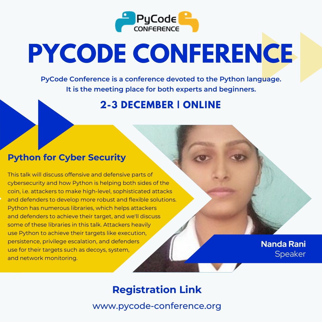 pycode_conf's tweet image. Great news! Leet meet our next speaker! Nanda Rani with topic: Python for Cyber Security
#CyberSecurity #python #pyconf #pycode #pythonistas
#pythoncode #pythonlearning #programming