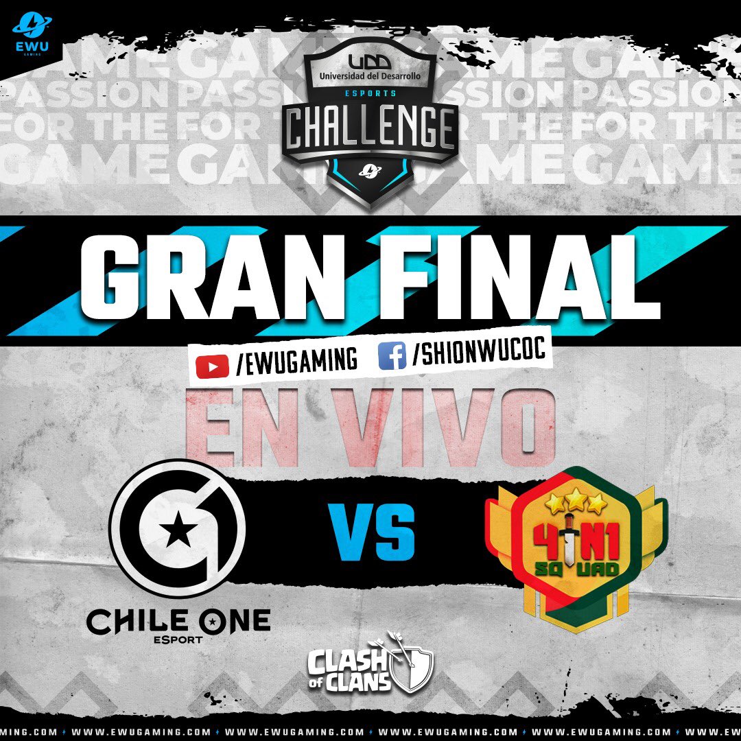 🔊GRAN FINAL🏆💣💥 

En minutos se juega la final entre <a href="/ChileOne_eSport/">Chile One</a> vs <a href="/4in1_COC/">4 in 1</a>  en los⚡️<a href="/UDD_cl/">UDD</a> eSports Challenge⚡️

🎙<a href="/Sockers_/">Sockers SU</a> y <a href="/shioNwu/">shioN🔥</a> animan la gran Guerra de <a href="/ClashofClans/">Clash of Clans</a> 

📺 youtu.be/MWZopYb85Ic
📺 facebook.com/events/3036754…