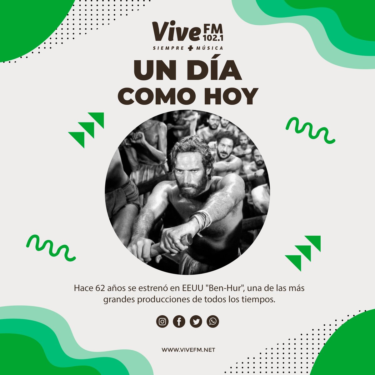 Vivefmradio's tweet photo. #ViveFM | #Efemérides | Hoy hace 62 años que se estrenó en EEUU "Ben-Hur", una de las más grandes producciones de todos los tiempos. https://t.co/tvRhHXlwhp