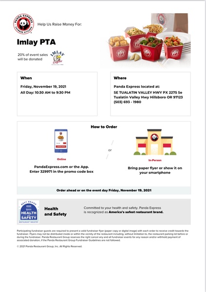 Check out Imlay PTA's fundraiser, TOMORROW, 11/19 all day at Panda Express on TV Hwy!