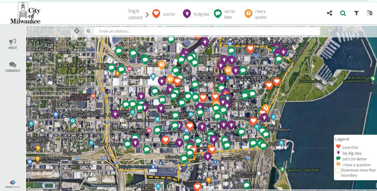 The <a href="/MilwaukeeDCD/">Milwaukee City Development</a> and MKE Downtown are moving onward and upward with our Downtown Plan 2040!
We’d love to hear your ideas for improving Downtown over the next two decades! Add your comments to our interactive map here: engagemke.com/connectingmke/… 

#connectingmke