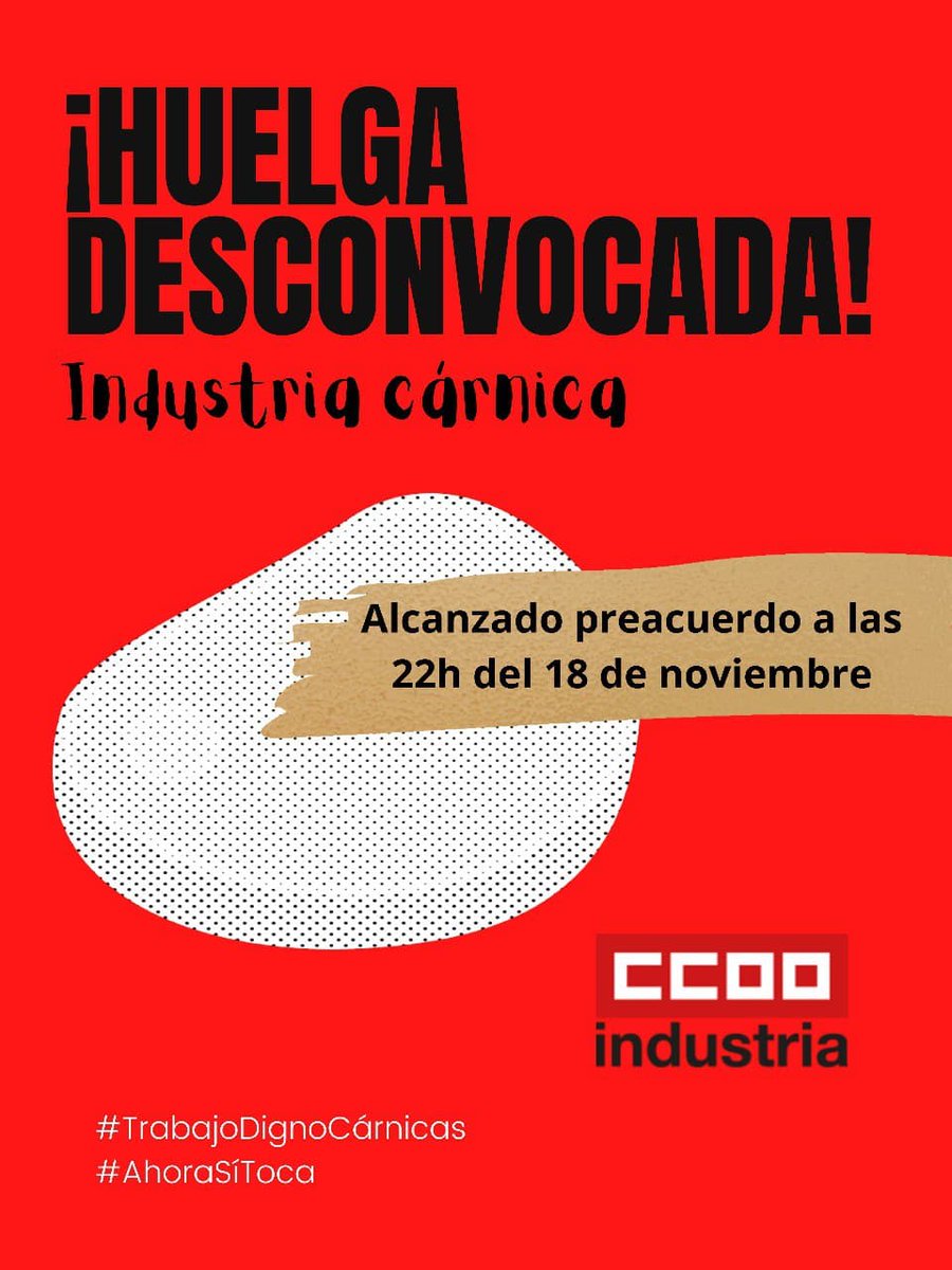 Alcanzado preacuerdo en el convenio estatal de la industria cárnica que permite desconvocar la huelga.
CCOO y UGT logran que la representación empresarial retire los aspectos más importantes que bloqueaban el convenio colectivo 👇
🧐t.me/BDIndustria/13…
#TrabajoDignoCárnicas
