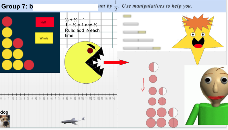 TammyNeid's tweet image. Our math opening activity. Using manipulatives, can you demonstrate skip counting by 1/2? #rvsnumeracy #rvsonlinelearning @rvsed Love the different thinking... and who doesn't love pacman?