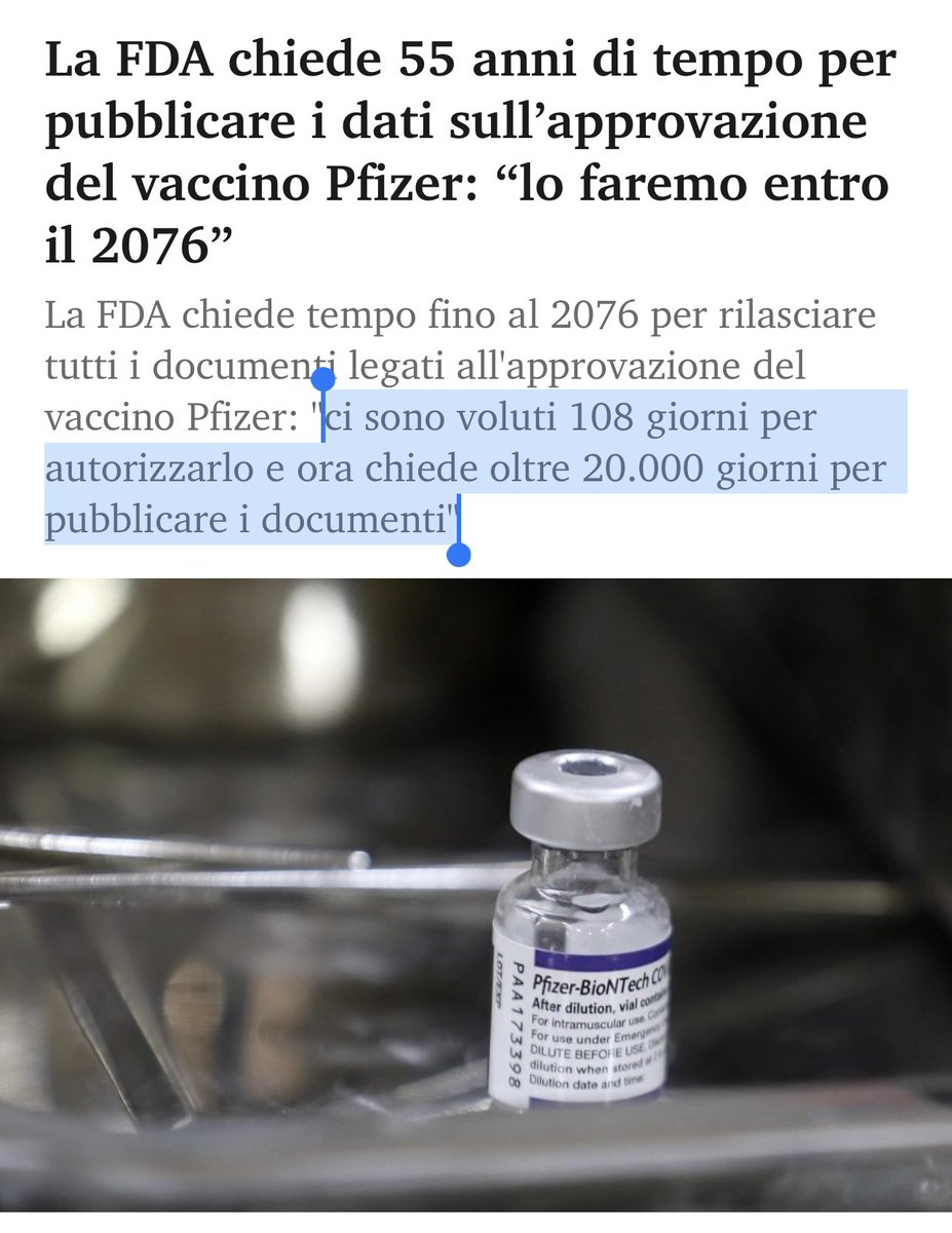 valy_s's tweet photo. #Covid19
Un gruppo di scienziati, tra cui 
un epidemiologo di Yale, ha intentato causa alla #FDA perché ha negato l’accesso ai documenti per l’approvazione del vaccino #Pfizer
Nella risposta, #FDA ha chiesto al giudice di darle tempo.. FINO AL 2076 (tutto secretato per 55aa) https://t.co/LojMJV1XuS