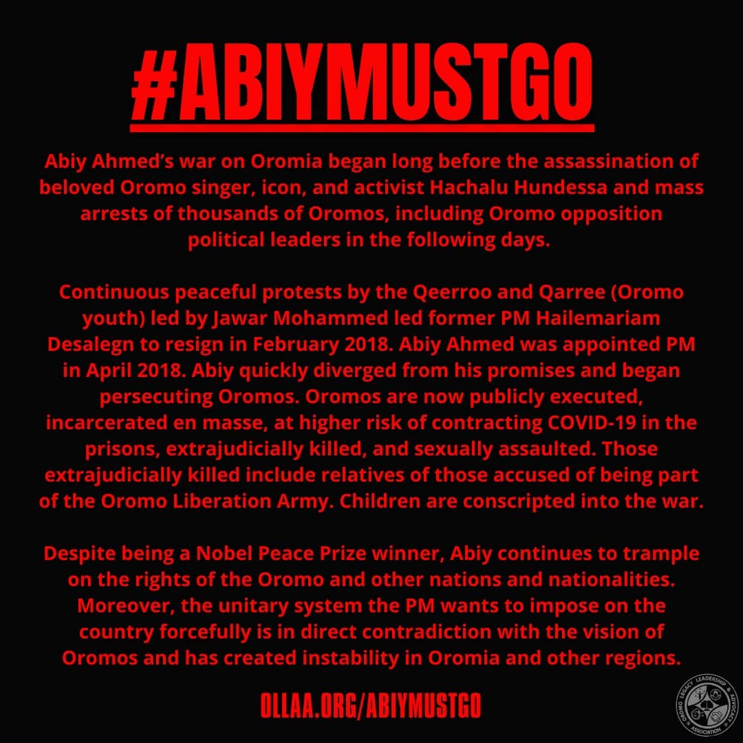 ollaaOromo's tweet photo. 🚨 48-Hour Joint Twitter Campaign #AbiyMustGo on Saturday, November 20th, beginning at midnight EST.

Be sure to retweet and share! Let's make sure our voices are loud and clear for the international community to hear. https://t.co/fIEsltjCyu