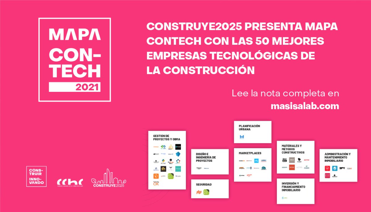 Mapa Contech, iniciativa desarrollada por <a href="/Construye2025/">Construye2025</a>, programa impulsado por <a href="/Corfo/">Corfo</a> y administrado por el @InstitutodelaConstrucción, donde se destaca a los mejores proveedores tecnológicos de la construcción de Chile masisalab.com/construye2025-… #Construtech
