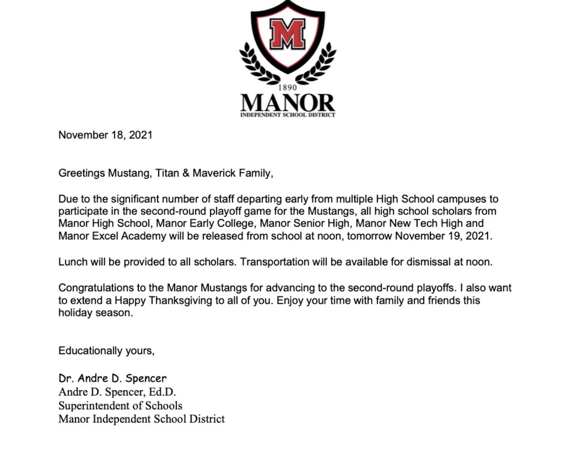 🚨 For high schools ONLY:
Friday, Nov. 19th all Manor ISD high schools will be releasing at 12:00 pm. 

This early release does NOT apply to elementary and middle schools. Elementary and middle schools will operate on their regular schedules. 

#ManorISD
