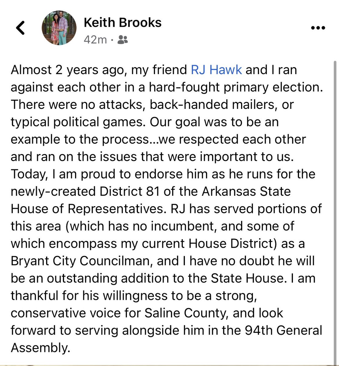 RJHawk's tweet image. Words can’t describe how honored I am to have this endorsement by my friend and current State Representative Keith Brooks ( @babblingbrooks5 ). In 2020, we were opponents, but quickly became friends. Thank you Representative Brooks! #HawkForStateRep