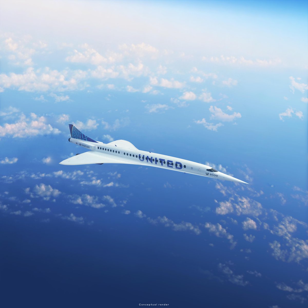 united's tweet photo. New York to London in 3.5 hours. 60,000 ft. Cruising altitude. Net-zero carbon emissions. 

Congrats to @boomsupersonic for being named one of @TIME ’s Best Inventions of 2021. We're excited to welcome the Overture to our fleet by 2029. https://t.co/NdC9laD44H #TIMEBestInventions https://t.co/qKTiix9F5v