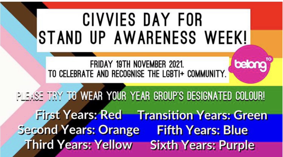 AislingReighCPC's tweet photo. Really looking forward to tomorrow’s civvies day for #StandUpWeek and seeing the classrooms and corridors @CPCKilcullen bursting with all the colours of the 🌈 #TogetherStronger @lecheiletrust1 #Community #WeAreCPC https://t.co/cSr1qeKUUB