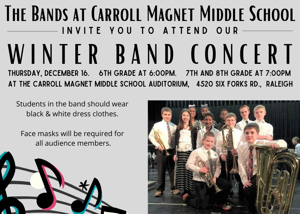 You are invited to attend our band concert on December 16 at Carroll Magnet Middle School!  #teamkidsfirst