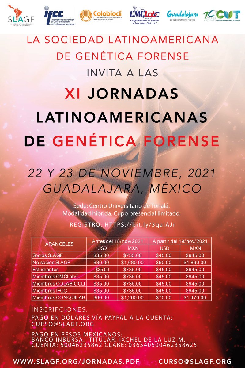 infobioquimica's tweet photo. XI Jornadas Latinoamericanas de Genética Forense de la SLAGF
📆 22 y 23 de Noviembre de 2021
📍 Guadalajara, Jalisco, México
👉 Más información: https://t.co/aTwO6hisSd https://t.co/XSu9wyTPGv