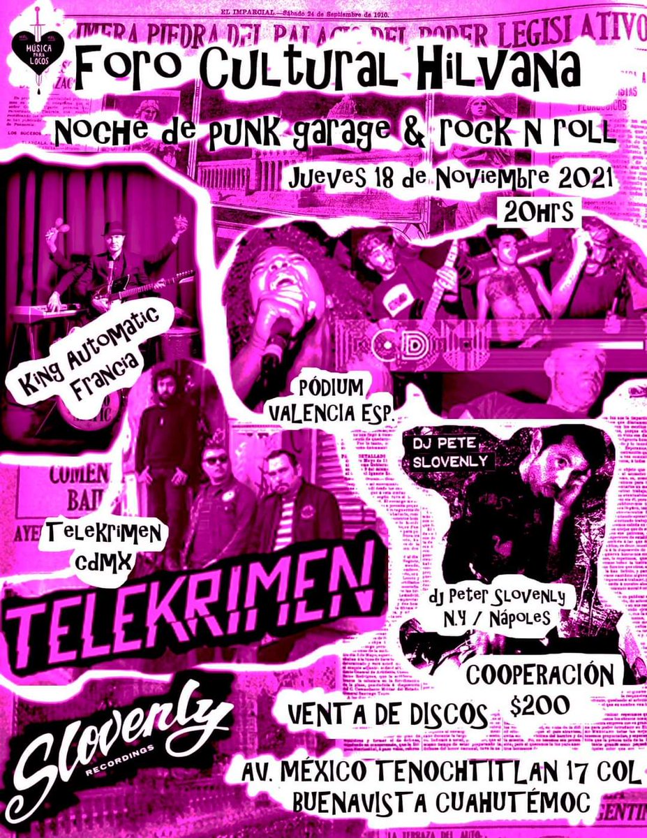 CSMNOW's tweet image. Hoy es Noche de Punk Garage &amp;amp; Rock N' Roll en el @FCHilvana en el que se presentáran #KingAutomatic, #Pódium y @telekrimen.

$200

#CSMnow