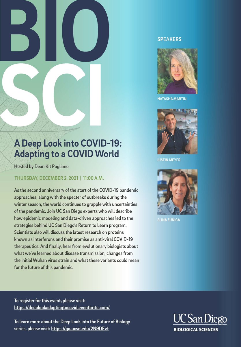 ucsdbiosciences's tweet photo. Join us Dec. 2 at 11 a.m. for our next Deep Look event: Adapting to a COVID World. As the 2nd anniversary of COVID-19 approaches, the world continues to grapple with uncertainties. We'll look at what we've learned and where we're headed.
Registration: https://t.co/kZiuBZCyKi https://t.co/RhsKloZLh8