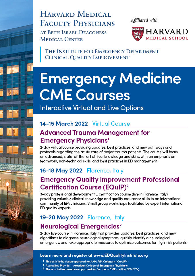 EPI followers get 20% off with code EPI2022! Join <a href="/Emerg_Quality/">The Institute for ED Clinical Quality Improvement</a> in Florence, Italy in May for two live CME courses on Neurological Emergencies and ED Quality Improvement -- or join them online in March for a virtual CME course on Advanced Trauma Management