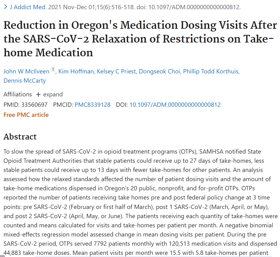 Positive effects of SAMHSA's March 2020 policy allowing for an increase in methadone take-home doses for the treatment of OUD. <a href="/mccartyd/">Dennis McCarty</a> @KorthuisTodd <a href="/blchan7/">Brian Chan</a> @kelseycpriest  <a href="/OHSUNews/">OHSU News</a> <a href="/OHAOregon/">OR Health Authority</a>  pubmed.ncbi.nlm.nih.gov/33560697/