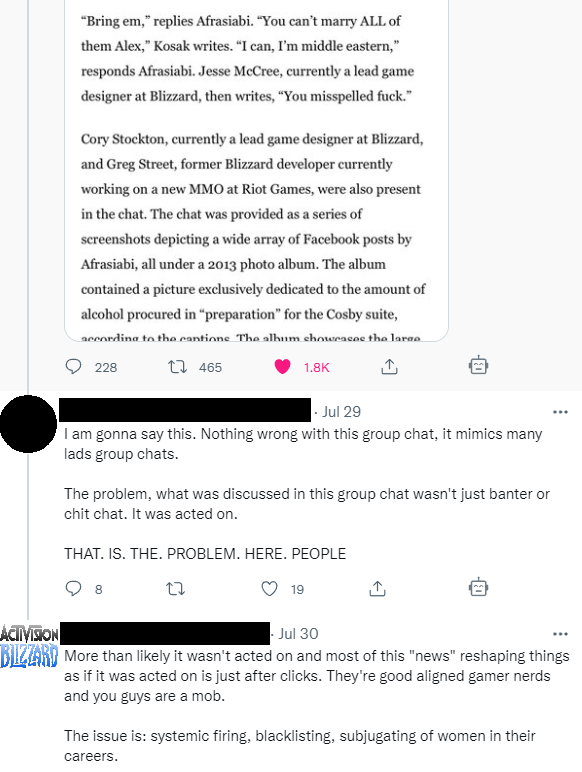 CriticKitten's tweet photo. Given what we have now confirmed what we knew all along about Activision Blizzard, its leads, and Bobby Kotick, I must say that these are the worst aged Twitter takes I've ever seen in the history of this hellsite.

Even better: they came from a former WoW QA dev. https://t.co/PZCJJCIrgL