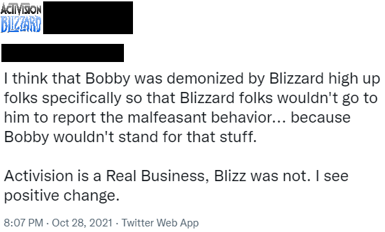 CriticKitten's tweet photo. Given what we have now confirmed what we knew all along about Activision Blizzard, its leads, and Bobby Kotick, I must say that these are the worst aged Twitter takes I've ever seen in the history of this hellsite.

Even better: they came from a former WoW QA dev. https://t.co/PZCJJCIrgL