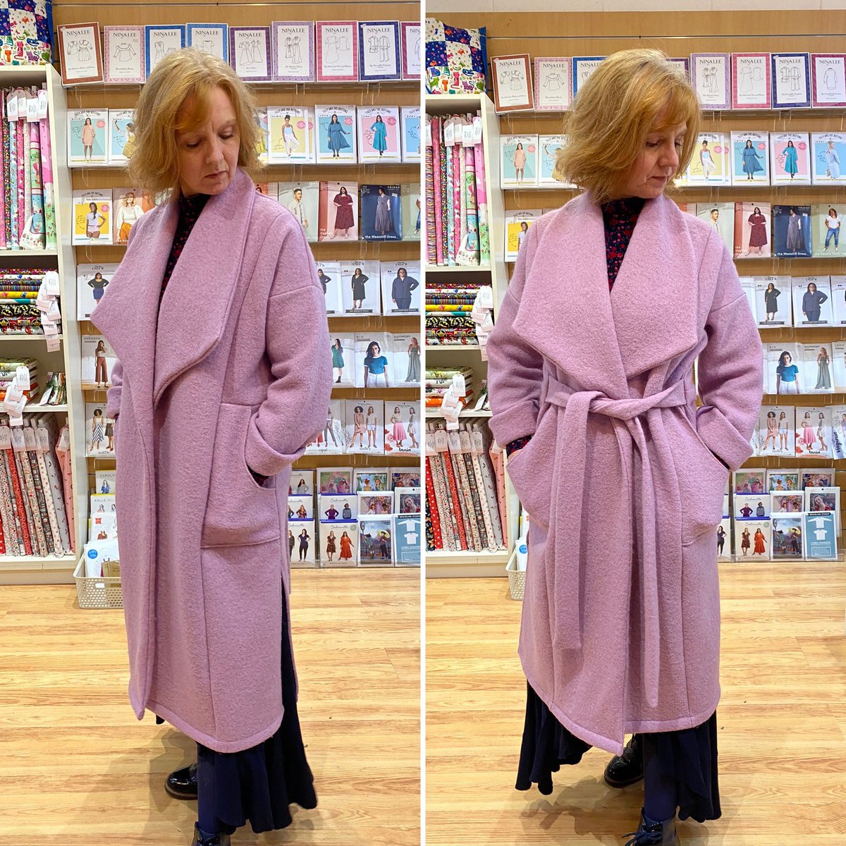 Gather_N_Sew's tweet photo. I made a Friday Pattern Company Cambria duster from our gorgeous Samantha rose pink boiled wool fabric. It is a simple make and the ties can be tied at the front or back for different looks. It is a fabulous coat and is on display in the shop 💕 #cambriaduster #boiledwool #coat https://t.co/8qXd018oOq