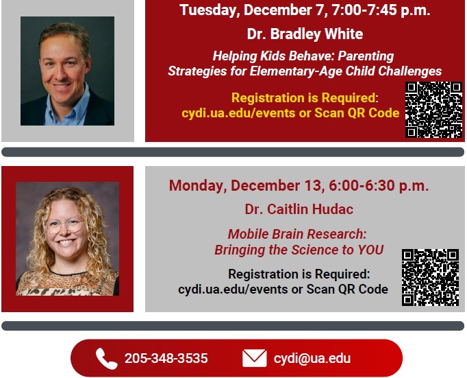 Our colleagues in the Center for Youth Development and Intervention are offering two parenting mini-workshops. Learn more and register: cydi.ua.edu/events