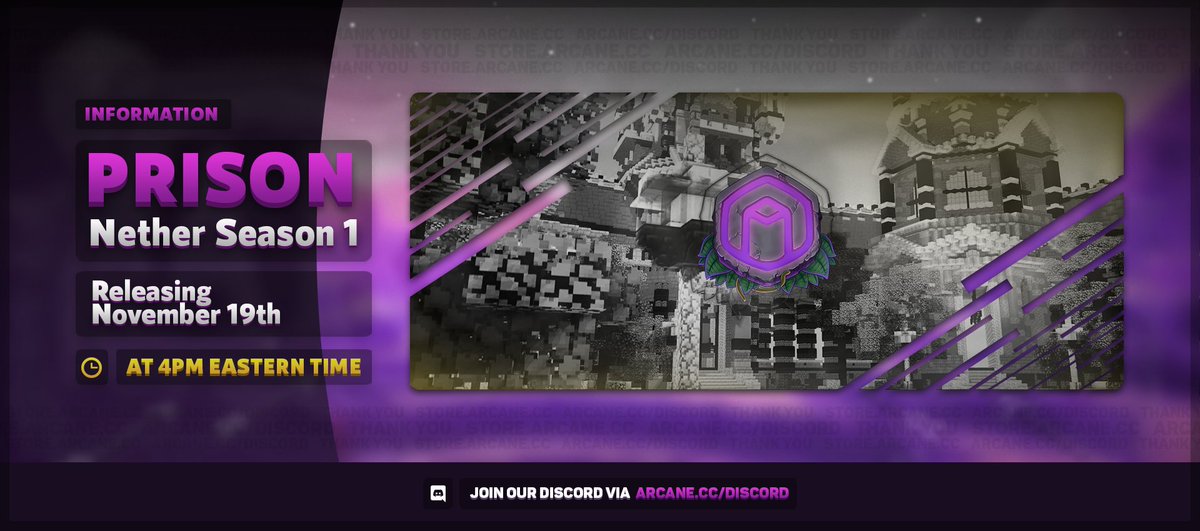 Arcane | Prison Nether Season 1 💜

⛏️ Prison is releasing this Friday @ 4PM EST!

Check out our Dev Log, answering FAQ:
📺 youtu.be/Vel-i4uZ0bo

🎮 Connect via arcane.cc