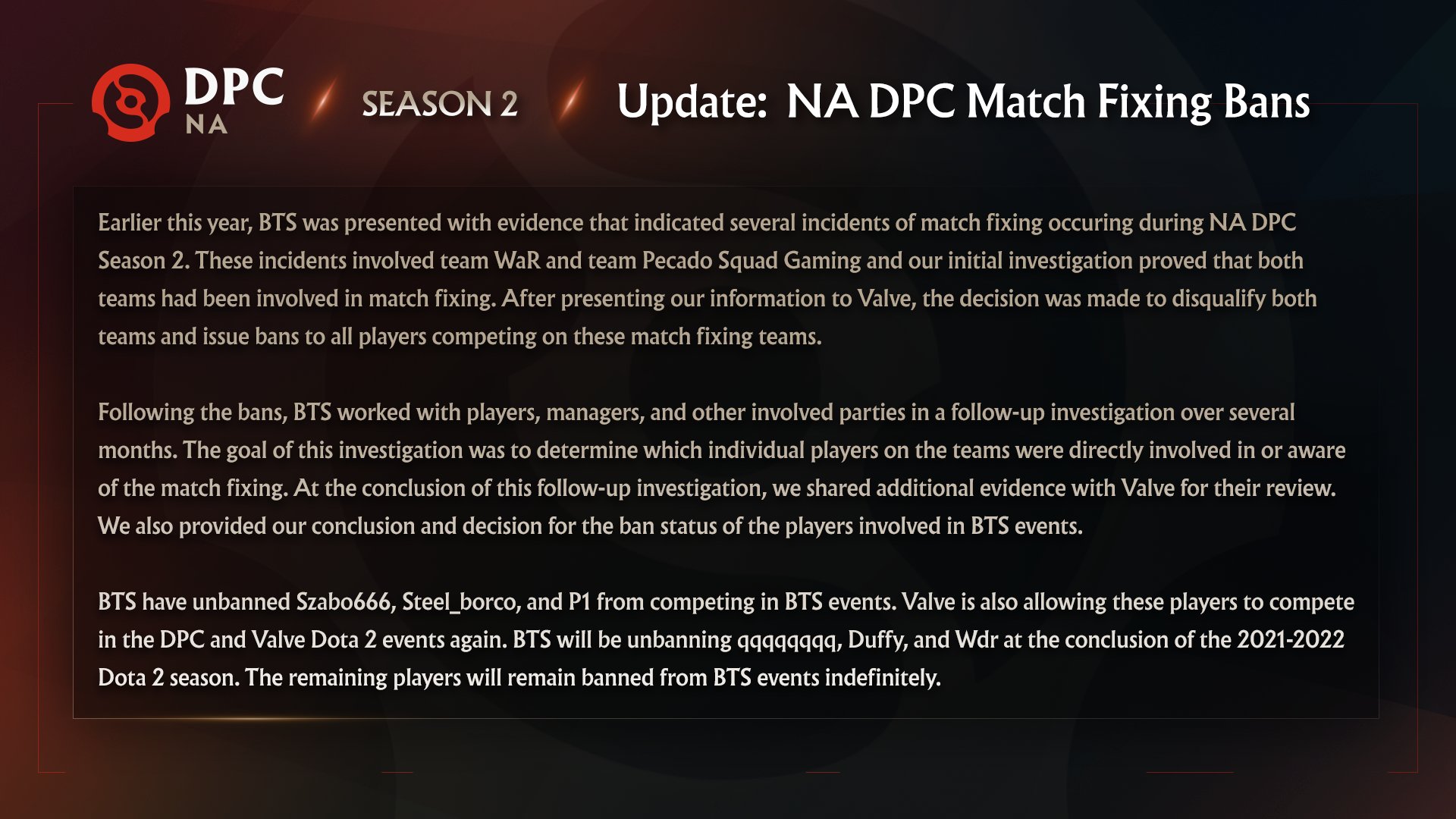NA DPC League on Twitter "Update, NA DPC and BTS match fixing bans