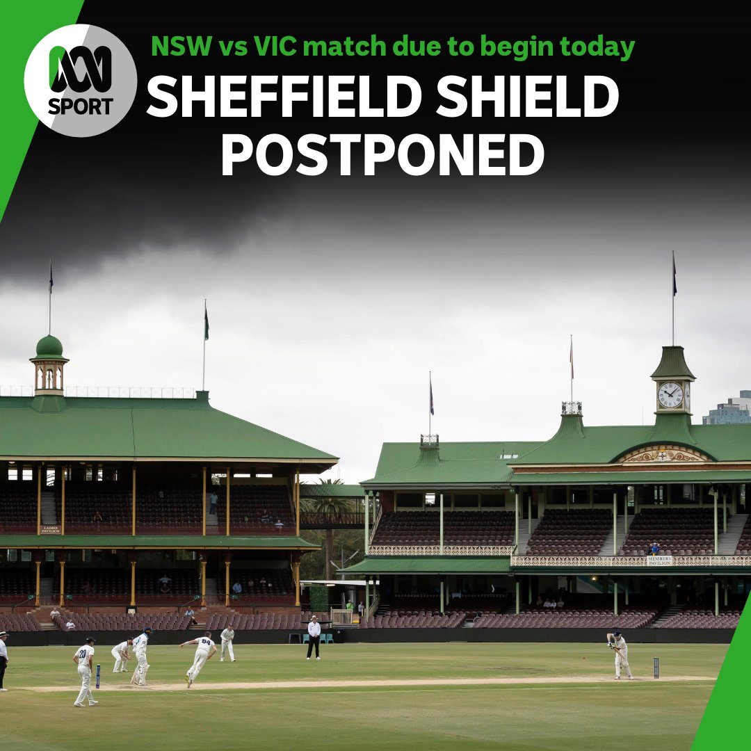 abcsport's tweet photo. 🏏 The Sheffield Shield match between @CricketNSW and the @VicStateCricket scheduled to begin today at the SCG has been postponed. 🛡️

@CricketAus says it "has been postponed due to a possible COVID-19 case in the Victorian side."
  
📰 https://t.co/wzVDJ69WOT https://t.co/bTzU3KyTPi