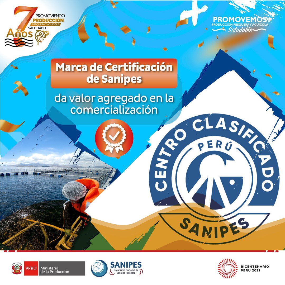 SanipesPeru's tweet photo. 📢 #LogrosSanipes
#Sanipes impulsa el uso de la Marca de Certificación: CENTRO CLASIFICADO/PERÚ/SANIPES, otorgado a los Centros de Producción Acuícola (#CPA) que alcancen la clasificación bajo el modelo de Fiscalización en Procesos Basada en Riesgos (#FPBR). ✔️ (1/3) https://t.co/H5o09n6Q2i