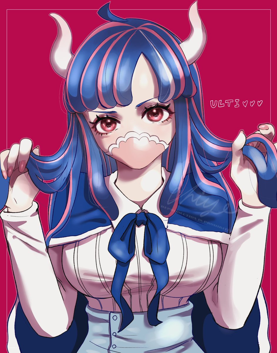 1girl horns mask solo mouth mask blue hair breasts  illustration images
