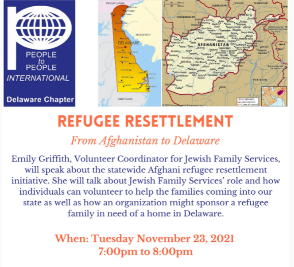 PTPDE's tweet photo. Please Join People to People Delaware for a presentation on Afghanistan refugee resettlement efforts in Delaware and how you can help! #PTPDE #Peacethroughunderstanding #AfganistanRefugee 
EVENT: From Afghanistan to Delaware - November 23, 2021: https://t.co/xbURP4qANz https://t.co/Q7QAXbqCCR