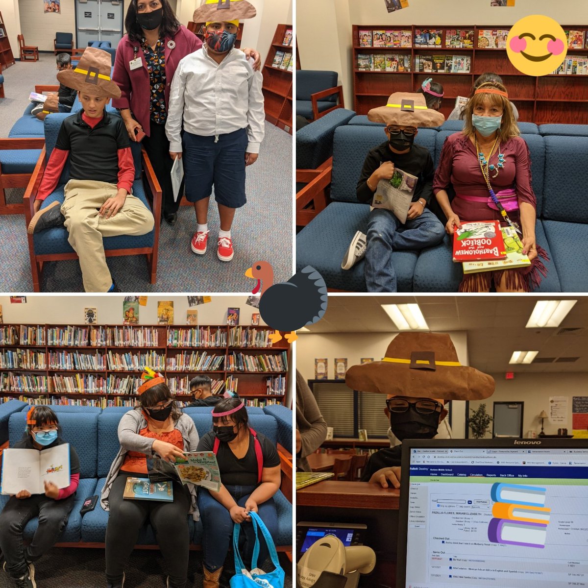 horizonmshawks's tweet photo. We had some happy readers visit the library after their Thanksgiving dinner❣️📚🦃 @HMSHAWKS_CISD @rruiz9900 @HMSClaraChavez @cisdinsttech #hawksread #Thanksgiving2021 🦃 https://t.co/mEjFXVuMFd