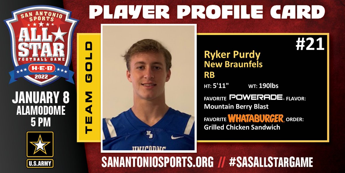 Meet <a href="/rykerpurdy5/">rykerpurdy</a> from <a href="/NBUnicornFB/">NB Unicorn Football</a> who will compete in the San Antonio Sports All-Star Football Game pres. by <a href="/HEB/">H-E-B</a> at the Alamodome on Jan. 8 <a href="/ArmySanAntonio/">GoArmy San Antonio</a> #SASAllStarGame <a href="/USArmy/">U.S. Army</a> #WhatsYourWarrior <a href="/POWERADE/">POWERADE</a> <a href="/Whataburger/">Whataburger®</a> <a href="/NewBraunfelsISD/">New Braunfels ISD</a>