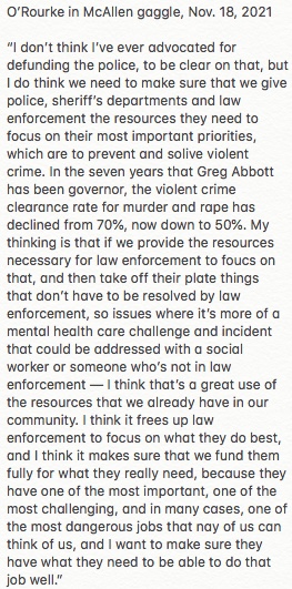 PatrickSvitek's tweet photo. Here's O'Rourke when asked Wed. about '20 defund comments. "I don't think I've ever advocated for defunding the police." 

In '20: "I really love that [BLM,others] have put this front &amp; center, to defund" line items, reroute to services &amp; in some cases, dismantle &amp; rebuild forces https://t.co/Um7SVweJ7N