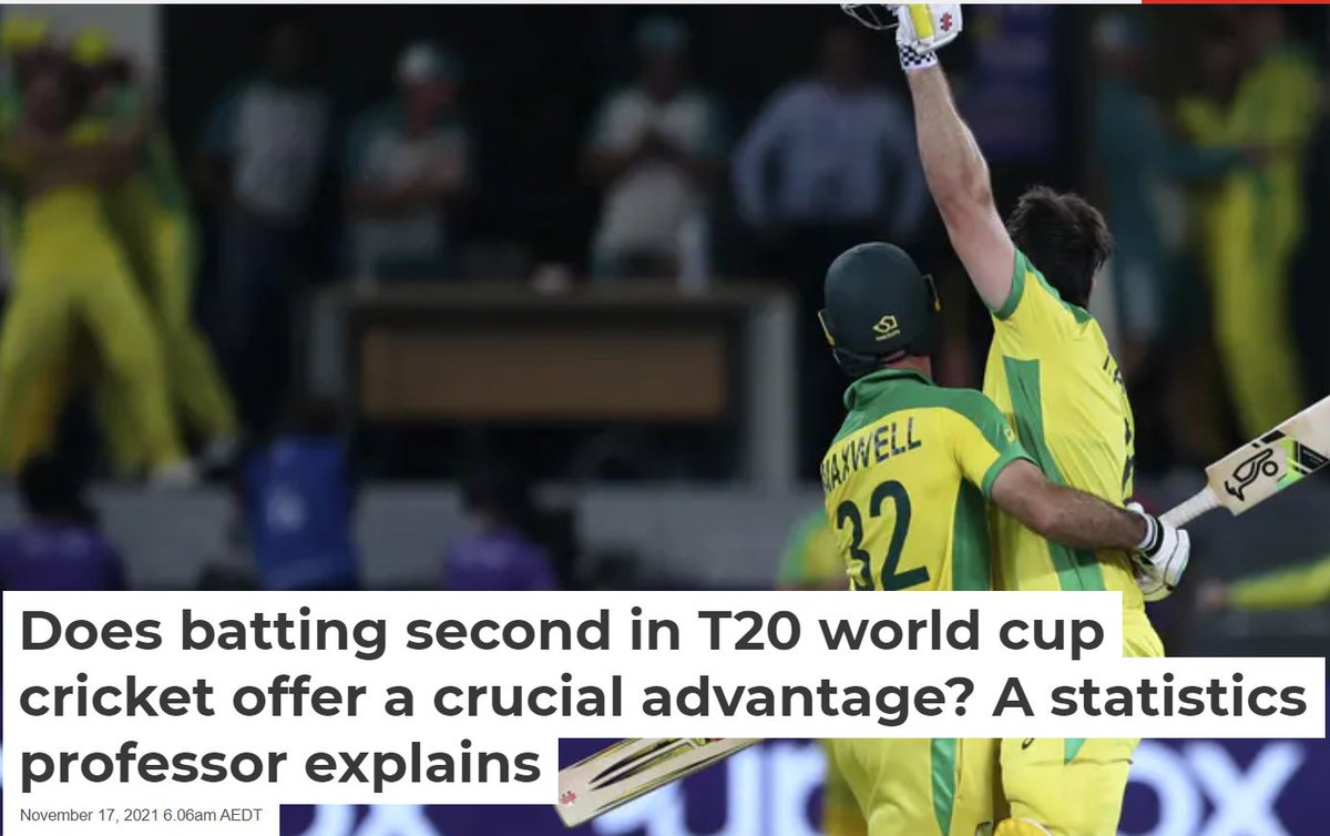QUTDataScience's tweet photo. The results of the #T20WorldCup2021 have sparked debate as to whether the team who bats 2nd provide an advantage. @QUT's @chris_drovandi looks at the stats.
https://t.co/S9Da8lLLYu
#QUTCDS #Cricket #Statistics https://t.co/YqNPzl1H9U