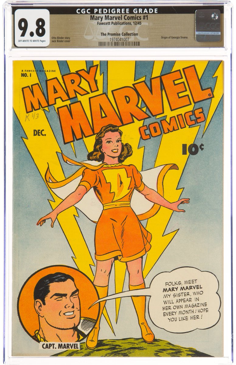 HeritageAuction's tweet photo. #HERITAGELIVE Folks, meet #MaryMarvel, whose 1945 debut issue from the historic #PromiseCollection just sold for $45,600 – no surprise since this is the highest-graded copy certified by CGC to date. And there’s #CaptainMarvel on the cover. Shazam! https://t.co/e8doG2h0ZS https://t.co/6x0RHEU496
