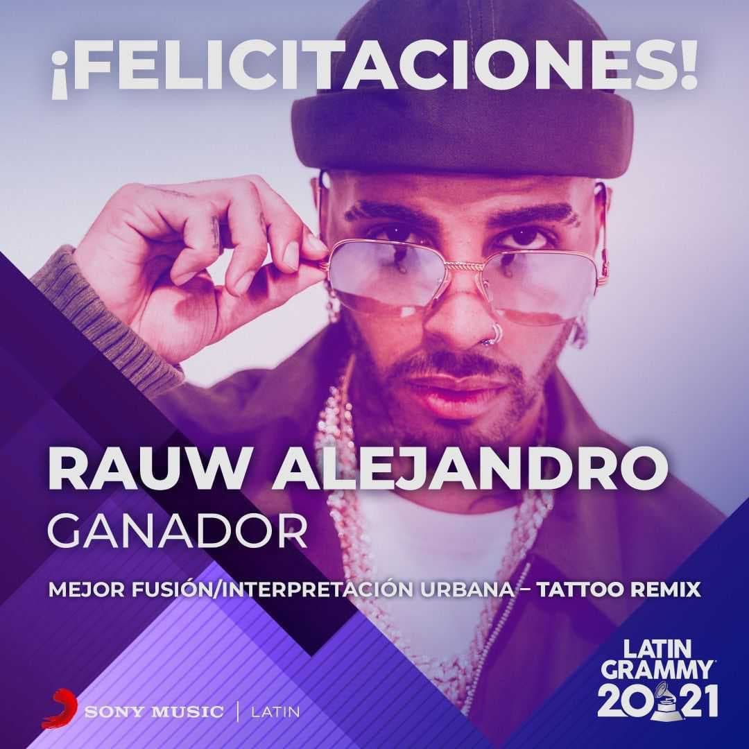 SonyMusicCol's tweet photo. ¡#TattooRemix se lleva el @latingrammys a "Mejor Fusión/Interpretación Urbana"! 🔥🏆¡Felicitaciones a @rauwalejandro y @CamiloMusica! #LatinGrammy https://t.co/dj78WmvUos
