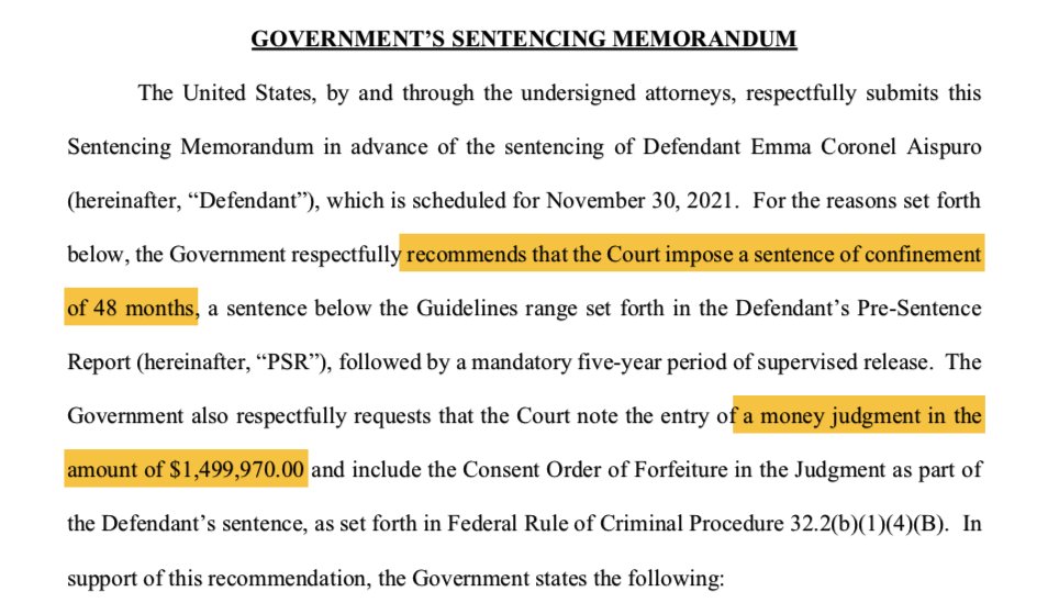 New today in the case of El Chapo's wife, Emma Coronel Aispuro:

Prosecutors recommend judge issue a prison sentence of 48 months, below the sentencing guidelines.

She has pleaded guilty to narcotics charges and is scheduled for sentencing on Nov. 30

https://t.co/pIpLDWoNTd https://t.co/OULOoNNjJV