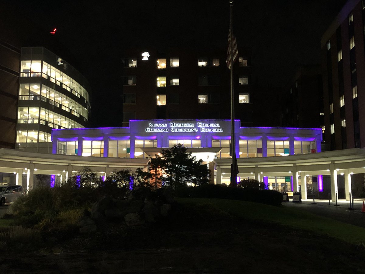 WilmotCancer's tweet photo. On #WorldPancreaticCancerDay, Strong Memorial Hospital is lit purple in solidarity with those impacted by #pancreaticcancer. We @WilmotCancer Institute are dedicated to pancreatic cancer research &amp; care. #ROC https://t.co/O7yByBfIio