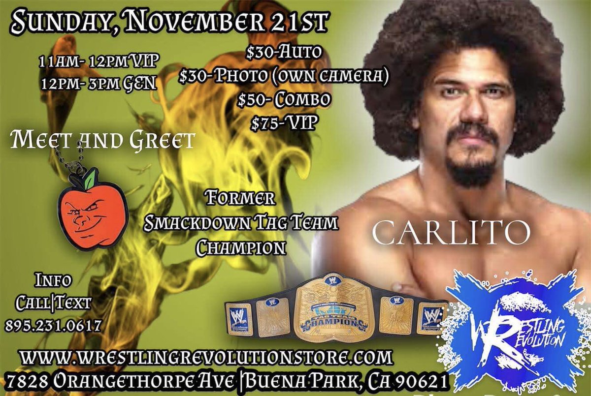 WrestRevStore's tweet photo. @litocolon279 coming to Buena Park, CA THIS SUNDAY from 11am-3pm.  Meet former WWE Superstar Carlito. He will be signing autographs.

If you can not attend in person, I will be taking orders.  Please DM me.

#wwe #wweraw #wwesmackdown #wwenxt #wweuniverse #wwedivas #roh https://t.co/CFL6q7X3Ib