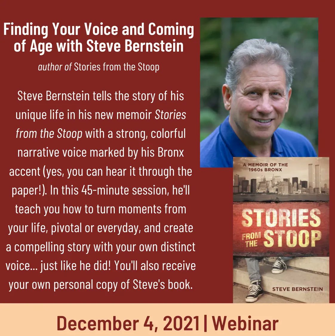 iWRITElit's tweet photo. We are very excited to have our next workshop guided by Steve Bernstein! In this workshop, Mr. Bernstein will share insight and tools to create compelling narratives from the everyday lives that we live. 

Register at https://t.co/wKwUHnvbH7 

We can't wait to see y'all! https://t.co/TtGithIS3g