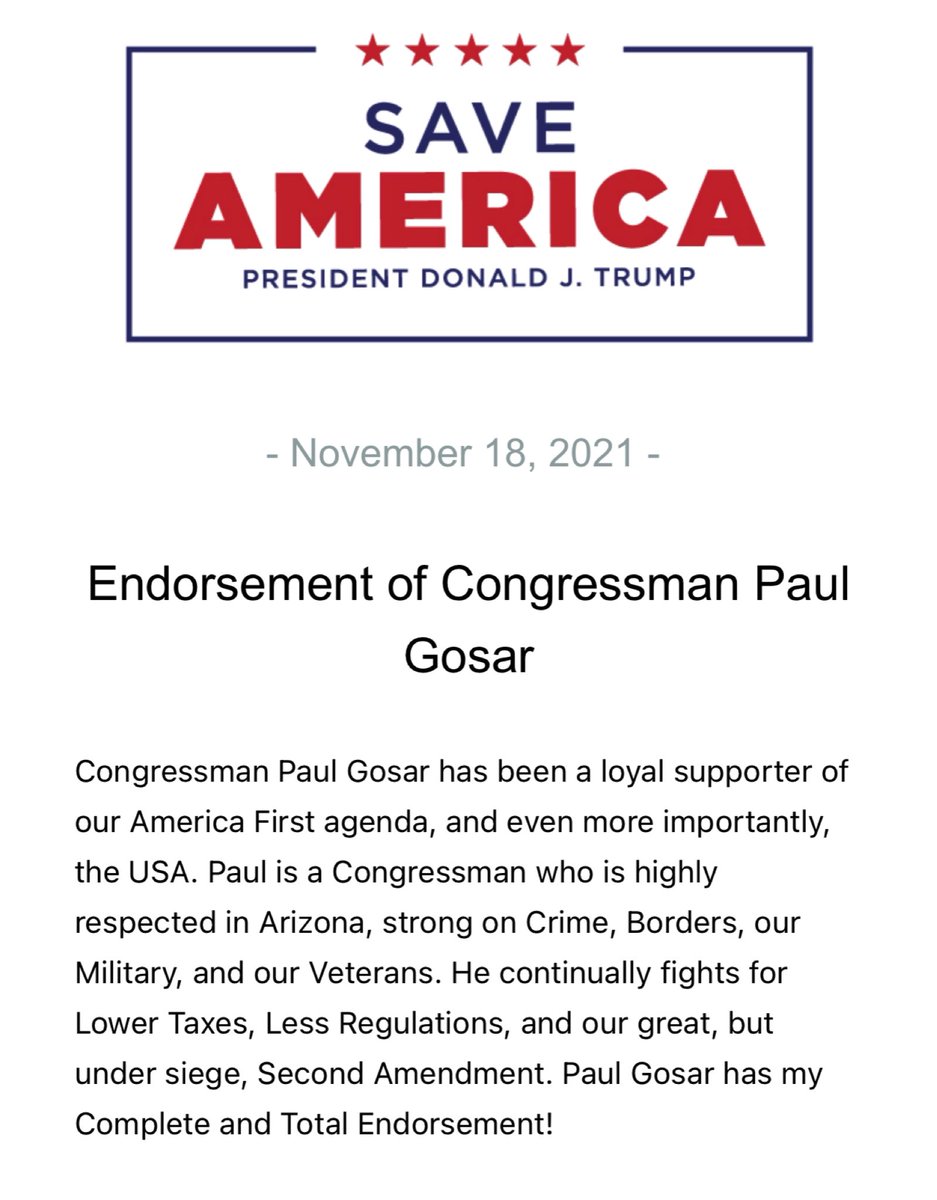 TrumpWarRoom's tweet photo. Endorsement of @DrPaulGosar https://t.co/9XLzTN2rBl
