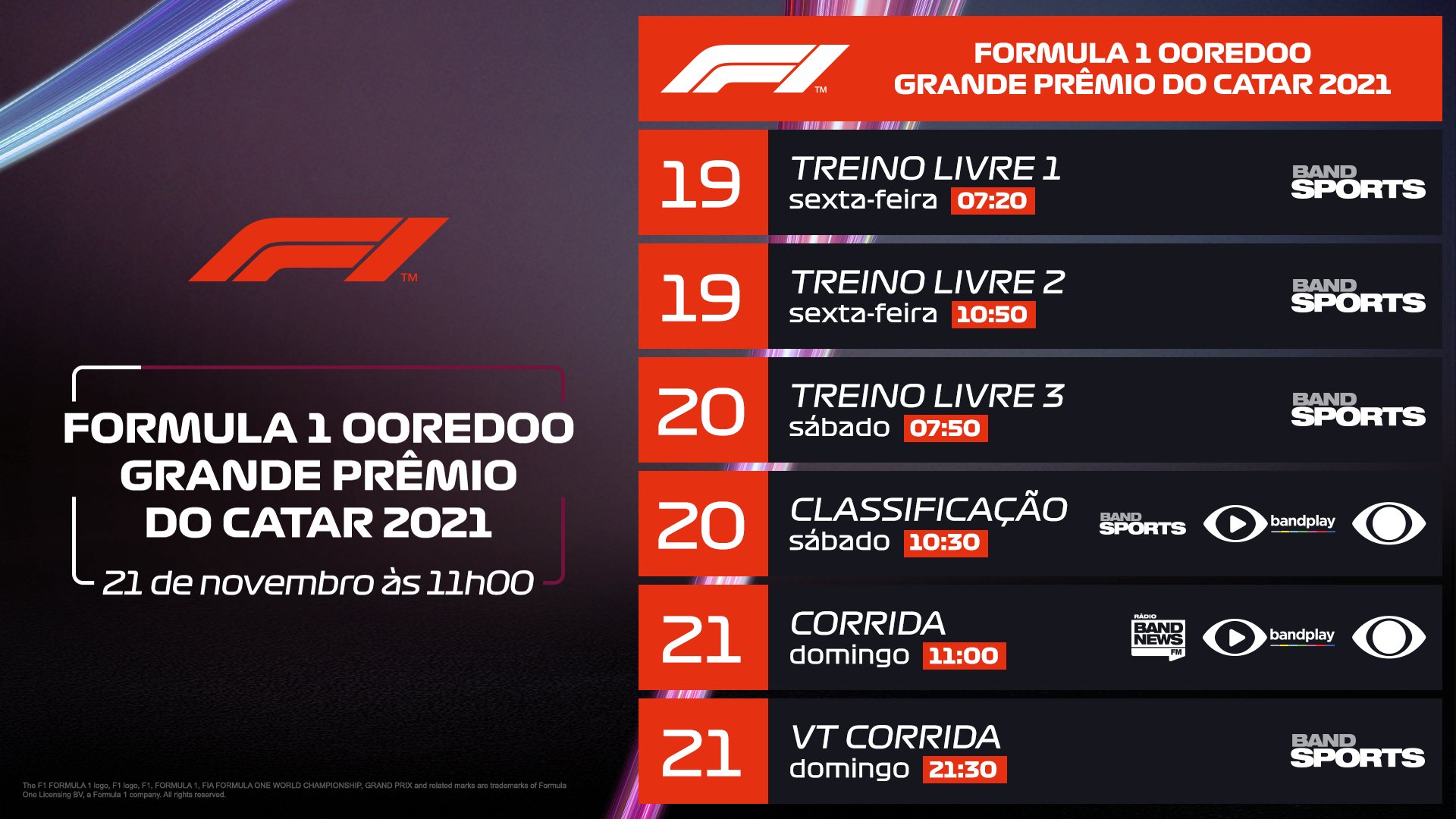 F1 na Band: Saiba os horários e como assistir ao GP do Catar / X