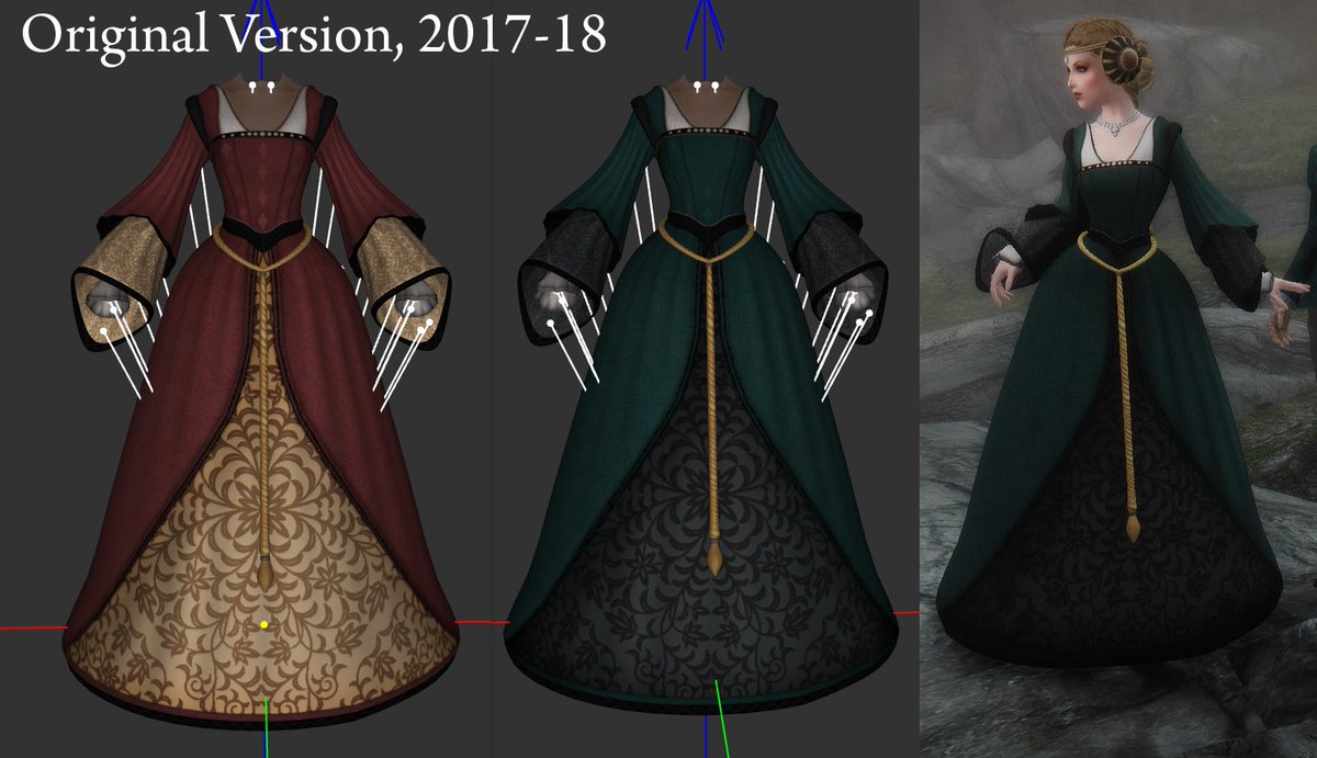 WIP CONCEPT- Tudor Sybille Gown. Remake of a 2017-18 fail. Been itching to tweak for a while, with custom patterns for dress & kirtle meshes. Far from done- have additional jewelry & headdress models to build.

#3DModel #3DModeling #Skyrim #Tudor #TudorFashion #MedievalEra