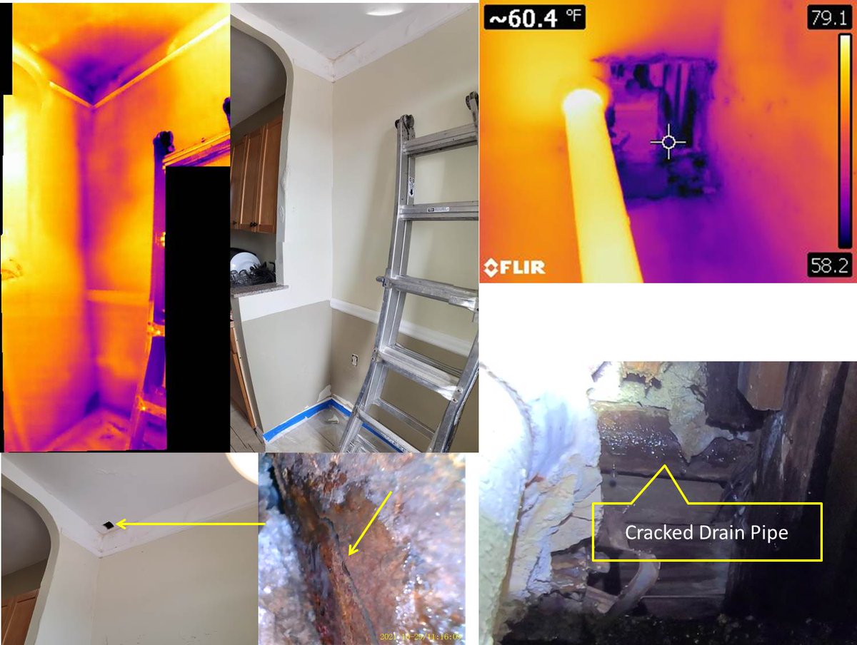 BuildingTechIR's tweet image. I was called to investigate a problem at a Apt building in the Bronx NY. The wall has efflorescence we starting imaging and moisture reading. Decided to open the ceiling and observed wet lumber but could not see very well. Then pulled out endoscope and discovered the cracked pipe