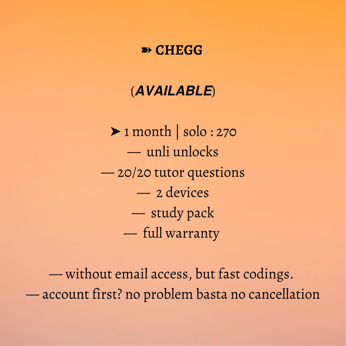 prems_bb's tweet image. CHEGG AVAILABLE !! CHEGG AVAILABLE !! CHEGG AVAILABLE 

🏷 lfb wts premium accounts netflix spotify youtube premium canva pro grammarly viu crunchyroll iflix vip hulu disney plus quizlet zoom quillbot scribd cheap affordable mura premium na mura