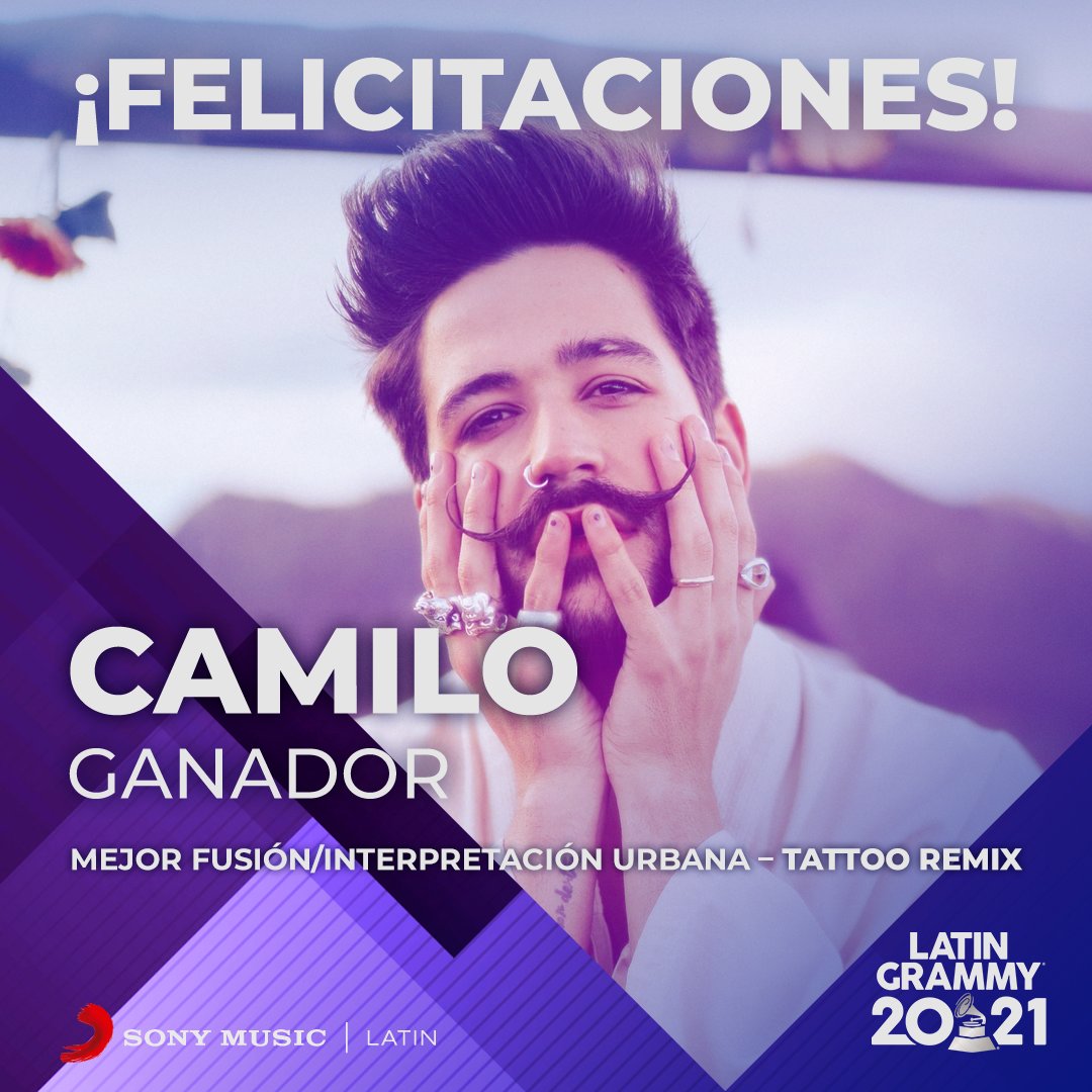 SonyMusicLatin's tweet photo. ¡#TattooRemix se lleva el @LatinGRAMMYs a "Mejor Fusión/Interpretación Urbana"! 🤩🎶 ¡Felicidades @rauwalejandro y @CamiloMusica! #LatinGrammy https://t.co/aZsI86WHxD